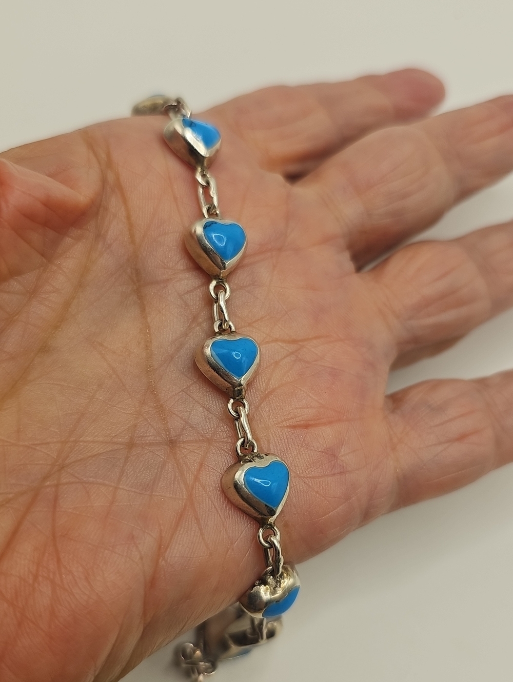 Mexico 925 Sterling Silver Turquoise Heart Link Bracelet Womens Size 7 Blue Y2K - Picture 4 of 7